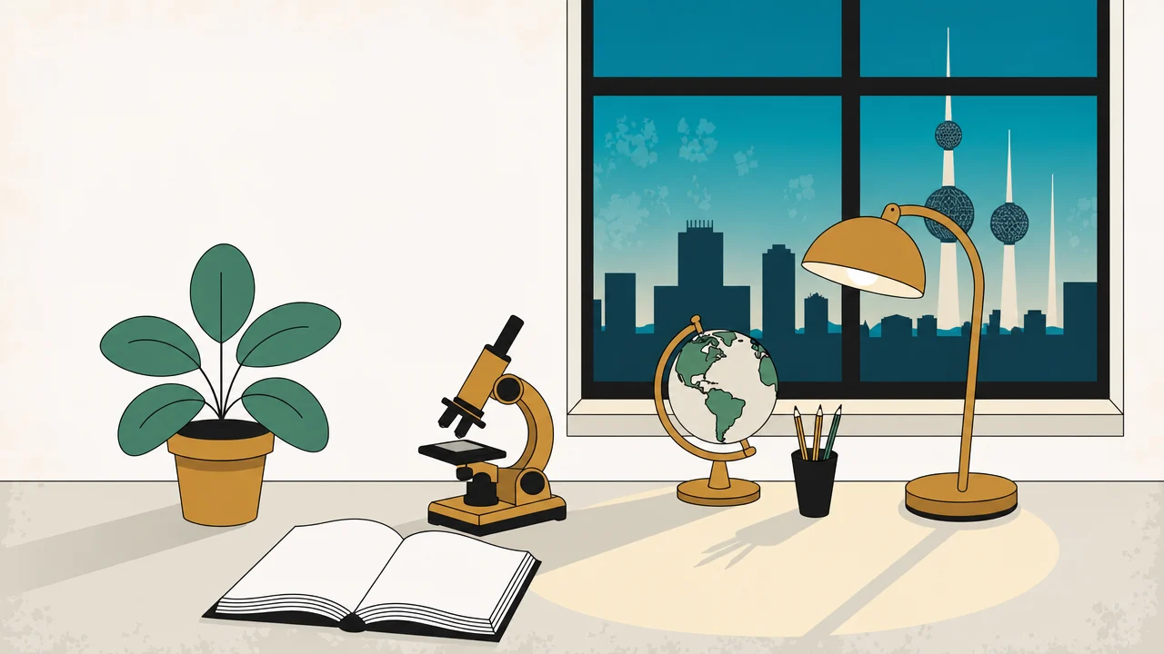 رسم توضيحي لمكتب دراسة عليه كتاب مفتوح ومجهر وكرة أرضية ومصباح، ومن النافذة تظهر أبراج الكويت